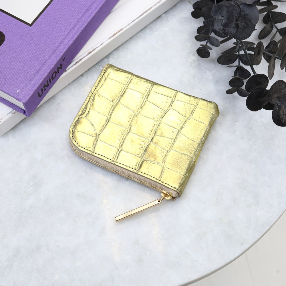 【型ミラーゴールド】クロコダイル型押しレザー/高級感のある薄くて軽いコンパクトミニL字財布/コンパクト財布