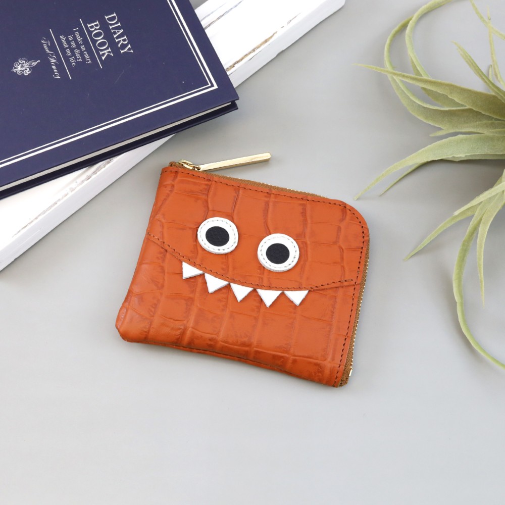 【型キャメル】クロコダイル型押しレザー/思わず誰かに見せたくなるモンスターコンパクトミニL字財布/コンパクト財布