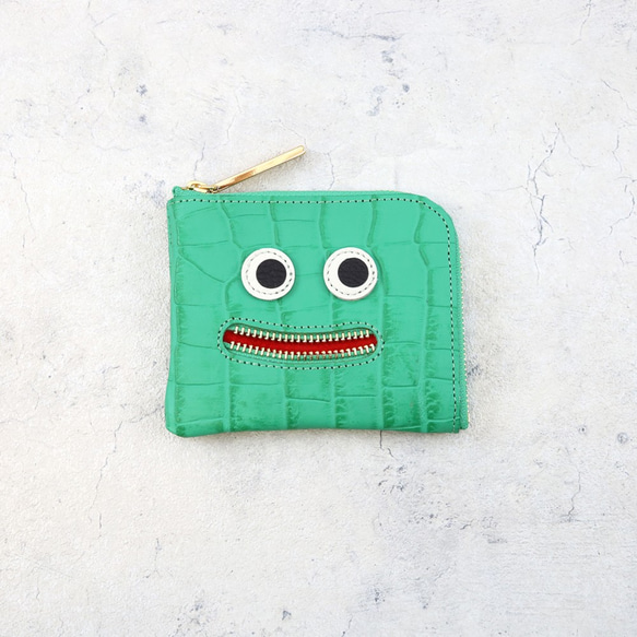 【形狀綠色】鱷魚壓花皮革/讓你微笑的緊湊型迷你L形錢包/緊湊型錢包 第2張的照片