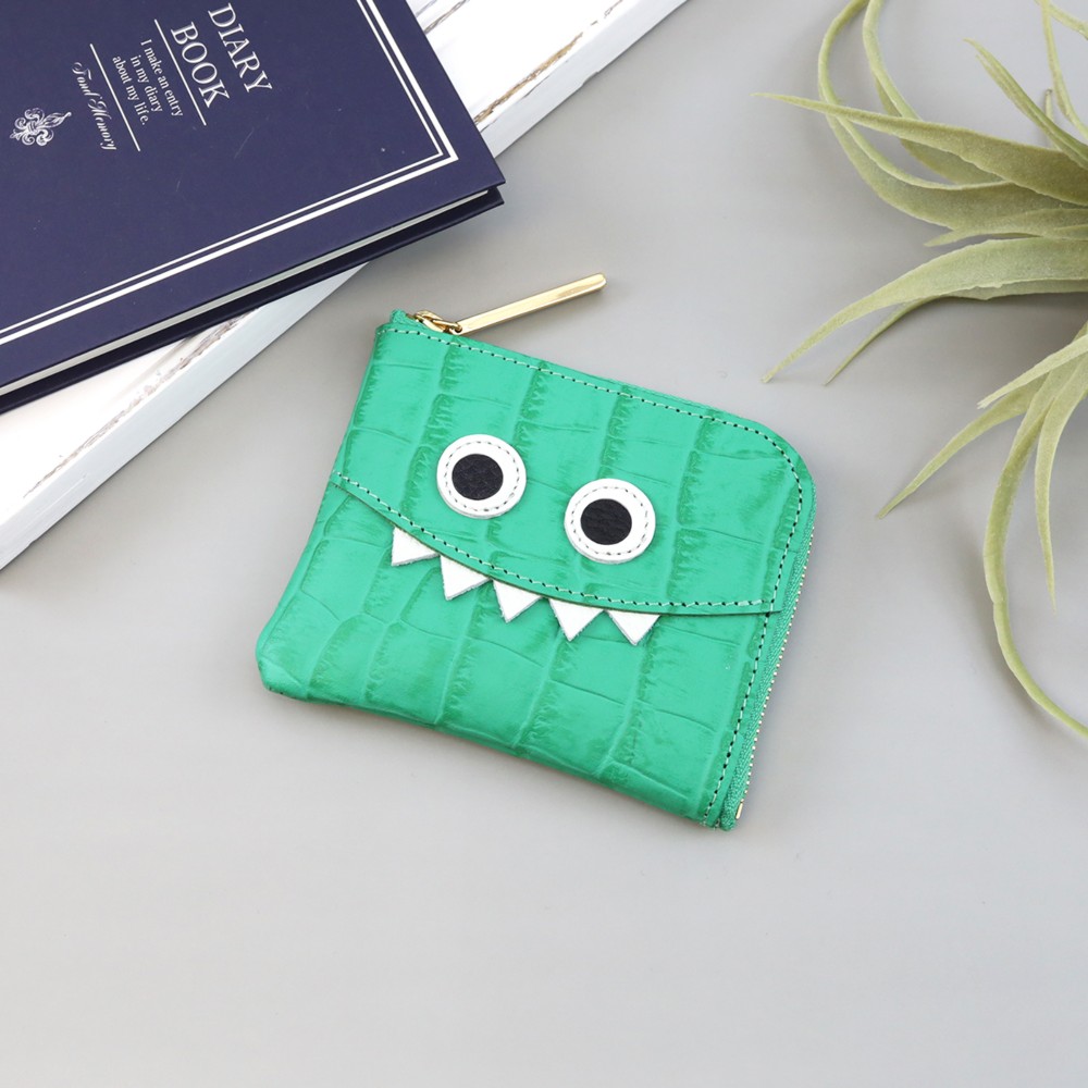 【型グリーン】クロコダイル型押しレザー/思わず誰かに見せたくなるモンスターコンパクトミニL字財布/コンパクト財布