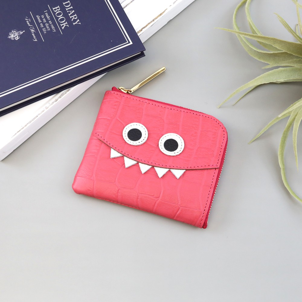 【型ビビットピンク】クロコダイル型押しレザー/思わず誰かに見せたくなるモンスターコンパクトミニL字財布/コンパクト財布