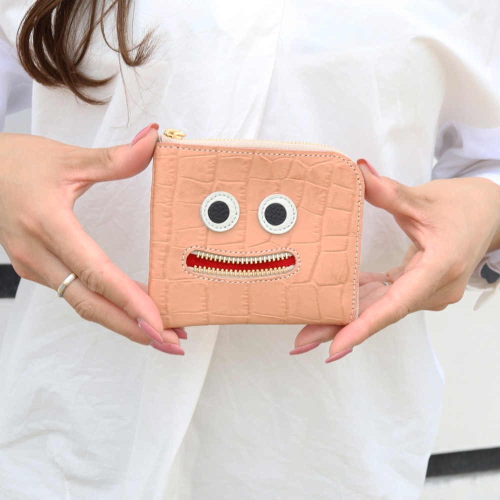 【型ピンク】クロコダイル型押しレザー/思わずニッコリ笑顔になってしまうコンパクトミニL字財布/コンパクト財布
