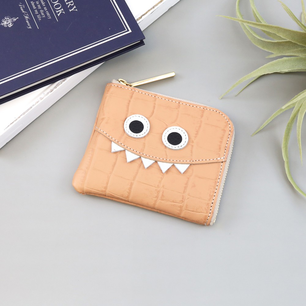 【型ピンク】クロコダイル型押しレザー/思わず誰かに見せたくなるモンスターコンパクトミニL字財布/コンパクト財布