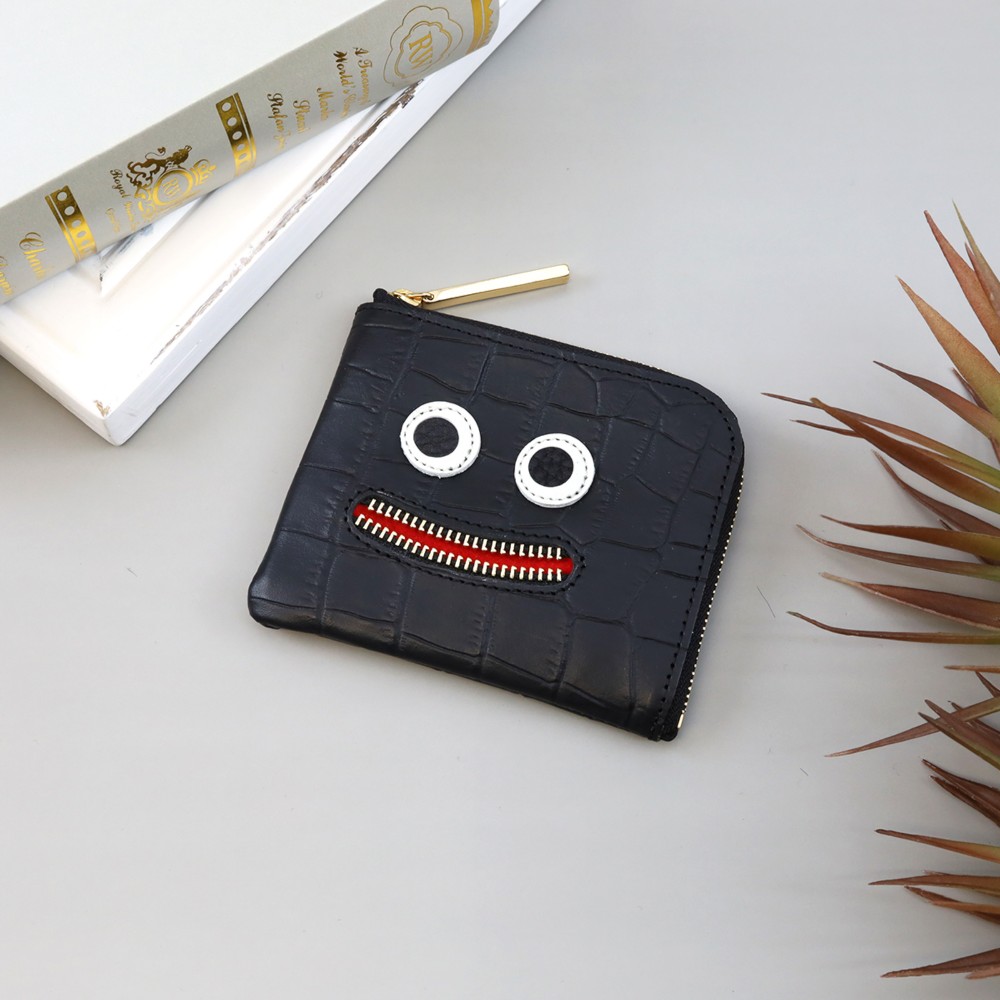 【型ブラック】クロコダイル型押しレザー/思わずニッコリ笑顔になってしまうコンパクトミニL字財布/コンパクト財布