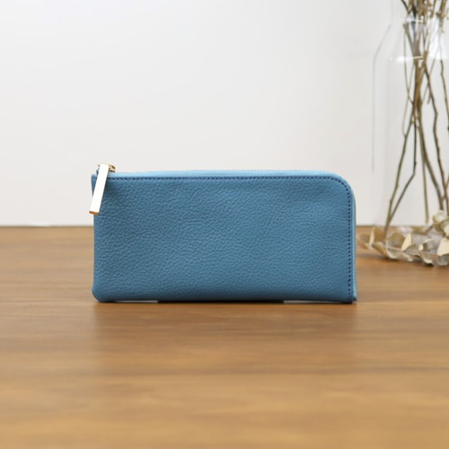 ブルー】上品かつ高級感のある薄マチ軽量で大きく使えるL字財布/L字長