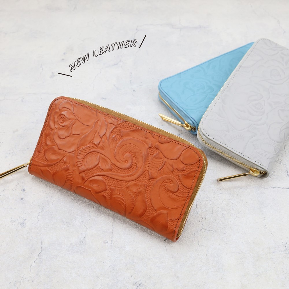 【全6色】花柄カービング型押しレザー/上品かつ高級感のある佇まいに仕上げたラウンド型財布/長財布【ユニセックス】