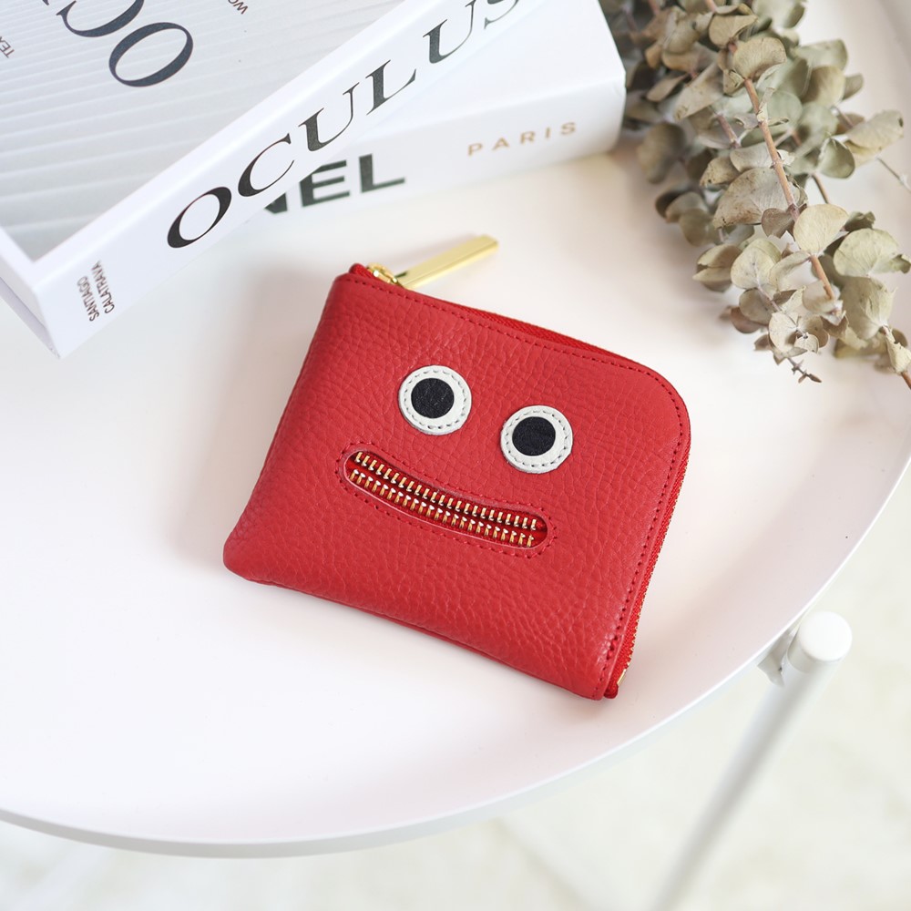 【レッド】高級感のある薄くて軽い/思わずニッコリ笑顔になってしまうモンスターコンパクトミニL字財布