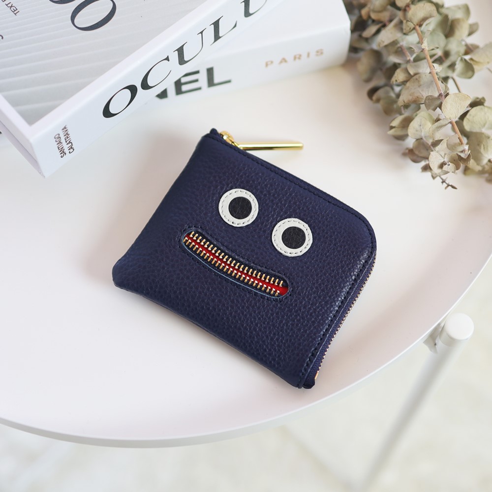 【ネイビー】高級感のある薄くて軽い/思わずニッコリ笑顔になってしまうモンスターコンパクトミニL字財布