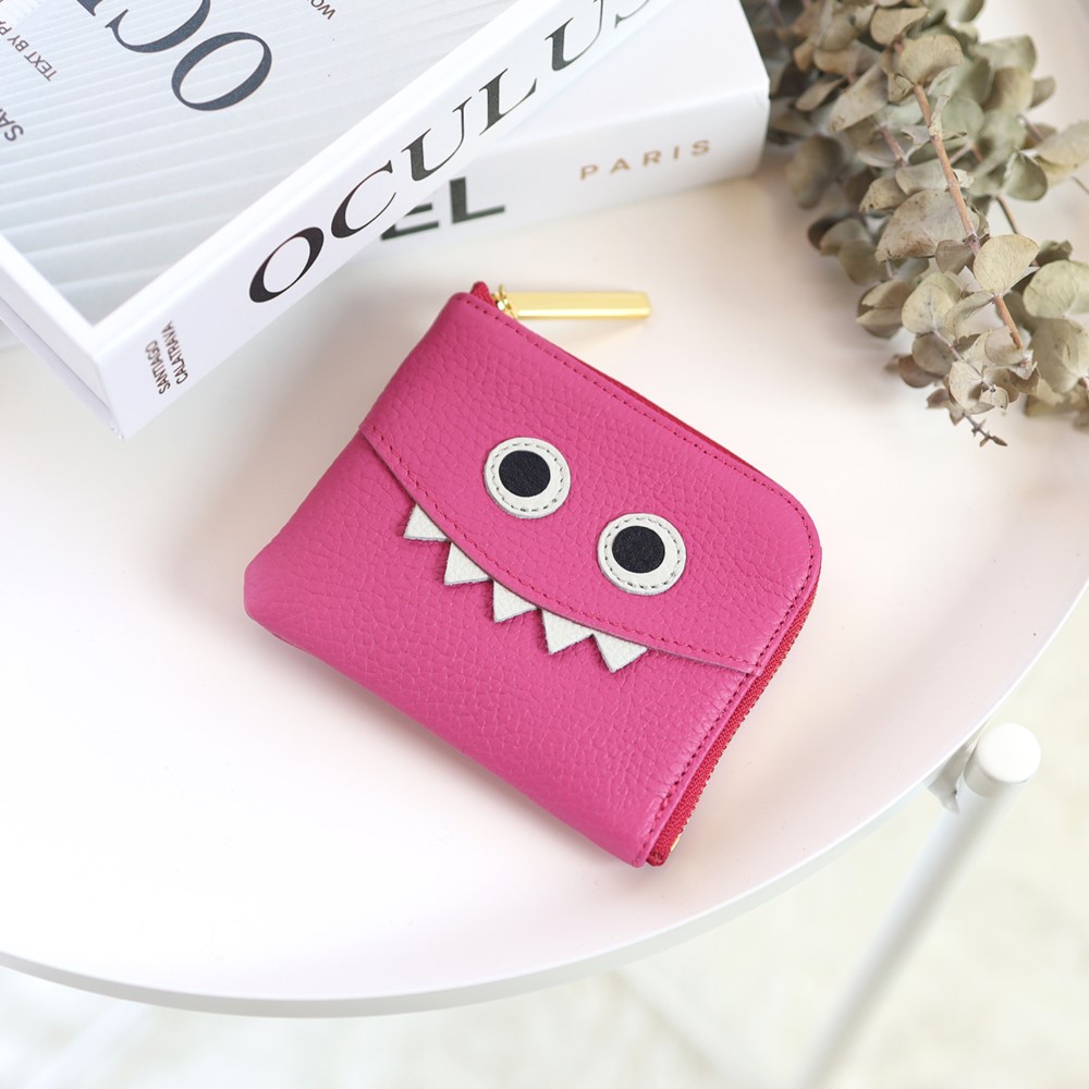 【ビビットピンク】高級感のある薄くて軽い/思わず誰かに見せたくなるモンスターコンパクトミニL字財布/コンパクト財布