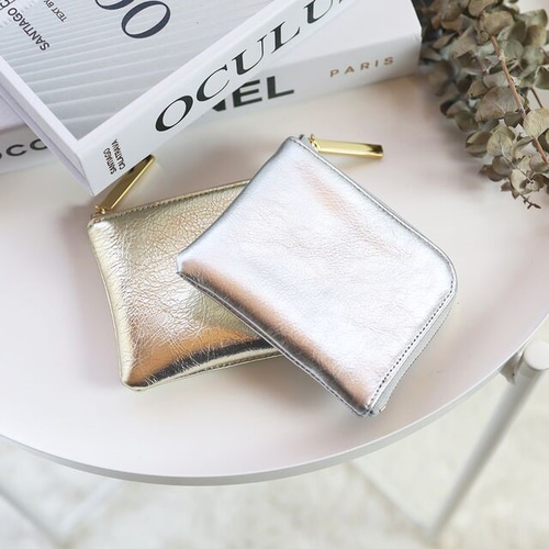 ミラーシルバー】高級感のある薄くて軽いコンパクトミニL字財布