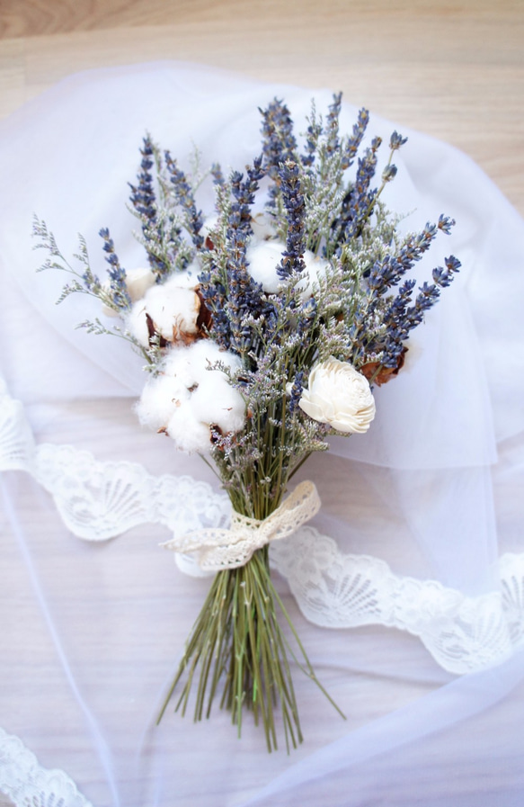 手作りドライフラワー/なし花の結婚式の花シリーズ〜南フランススタイルのラベンダーの綿の手は結婚ブライダルブーケ/写真の小道具/自 2枚目の画像