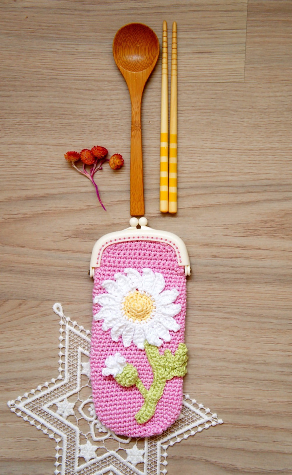 手工編織花朵系列 - 瑪格莉特長形口金包/餐具袋/筆袋/眼鏡盒~ 第3張的照片