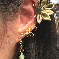 [アルミ布ドレッシングウサギ]金属ワイヤ編組耳骨リング - 左耳クリップタイプ飛行羽のスタイル桃の桃の和風細かい花の花 2枚目の画像