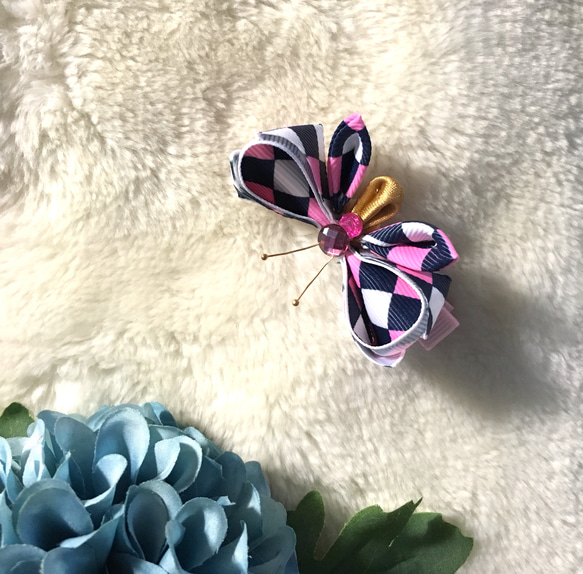[アルミ布ドレッシングウサギ]手作りリボンバタフライヘアアクセサリー - 市松模様の蝶 2枚目の画像