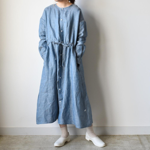 亞麻靛藍無領連衣裙【SOOP061S】 第2張的照片