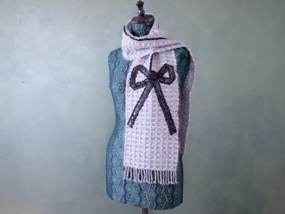 手織り ワッフル織  グレー リボン スパンコール Handwoven AMSM1625R