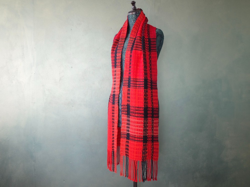 手織り ブロックツイル織 チェック スカーレット Handwoven NMMS19104