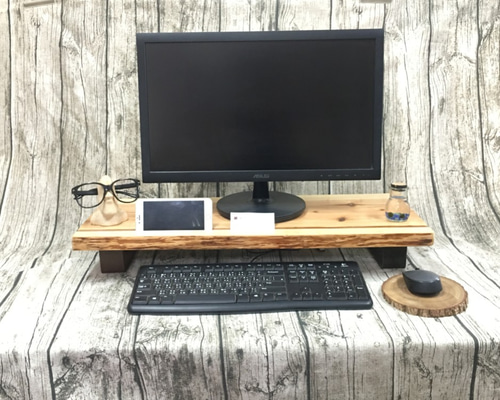 PC 木製　モニタースタンド　オーダー可　ラック　ハンドメイド　ナチュラル　台 木製 モニター台 机上ラック モニタースタンド 引き出し付き パソコン