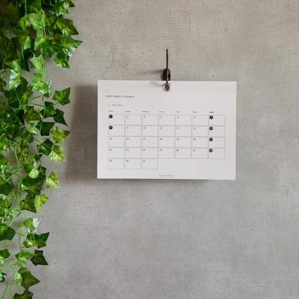 2018 Simple in Shigons A4 横型/Calendar 2枚目の画像