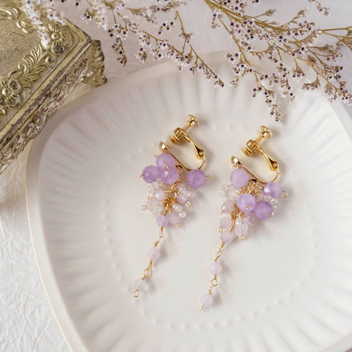 14kgfフローライトリーフカービング藤の花ピアス/イヤリング