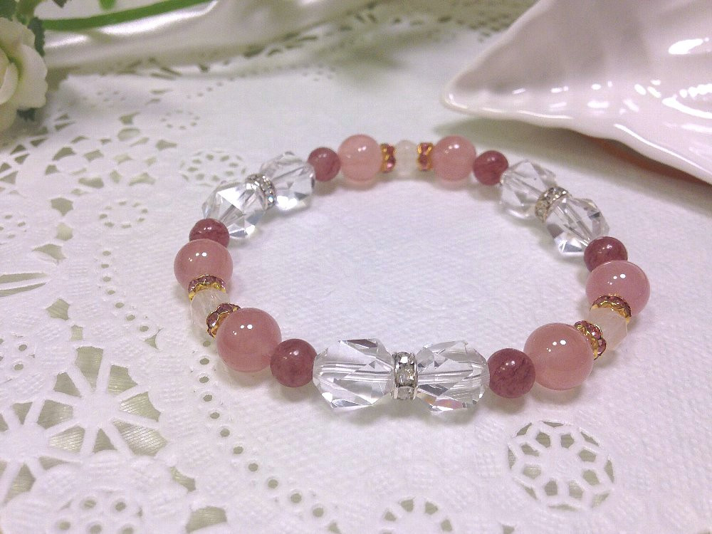 【リボンデザイン】宝石質水晶マダガスカル産ディープローズクォーツブレスレット