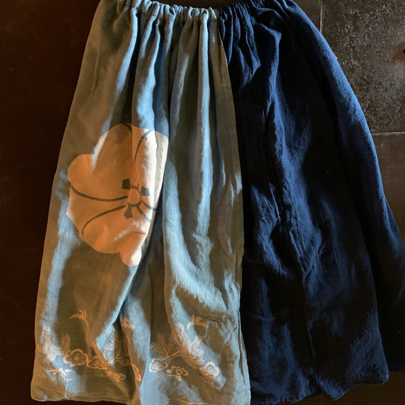 シンプルという個性　蚊帳シリーズ　筒描　ギャザースカート　スカート　藍染　手縫い　フリーサイズ 5枚目の画像