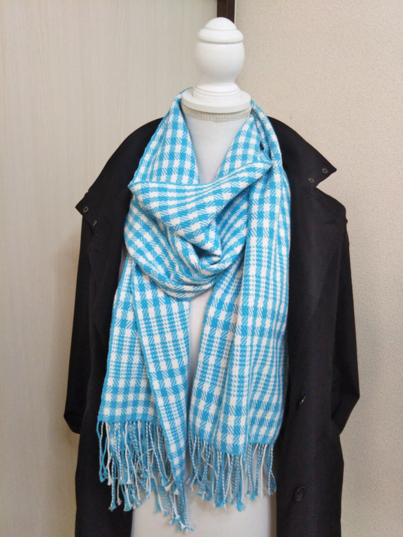 スカイブルー×白のチェック柄のストール マフラー 織HIRO 通販 6773757