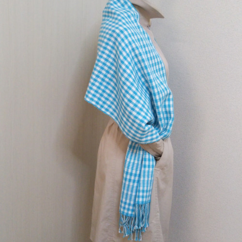 スカイブルー×白のチェック柄のストール マフラー 織HIRO 通販 6773757