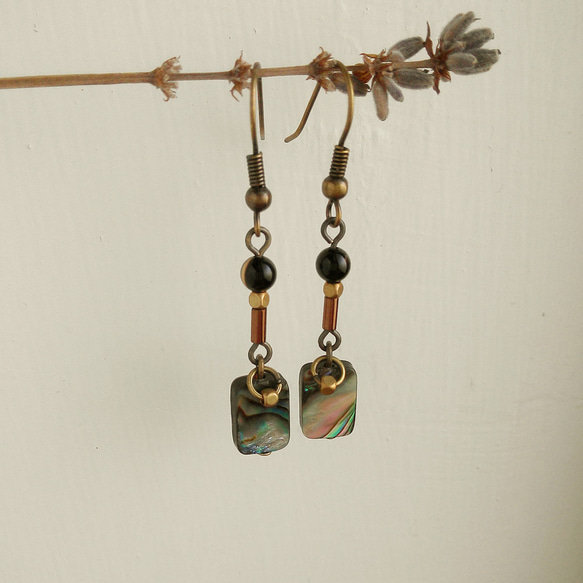 鮑魚貝耳環 暗香 可改耳夾式 波斯瑪瑙 方形 黑色 個性 典雅 天然石 boho 異國風 第2張的照片