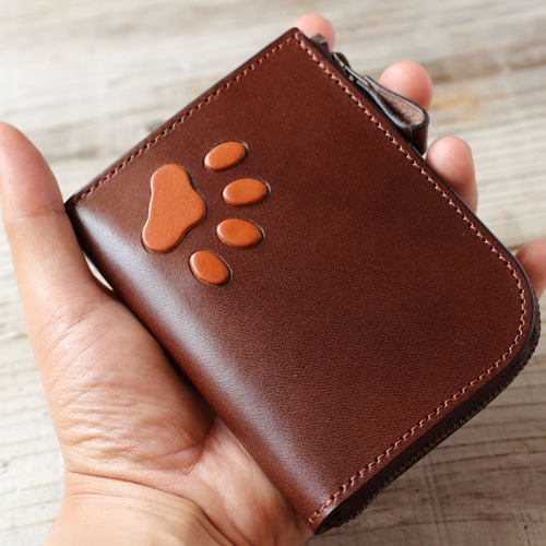 肉球Lファスナー財布◇栃木レザー◇ヌメ革◇犬・ネコのにくきゅう好き