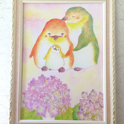 ペンギンさんと紫陽花A4ポスター　 1枚目の画像