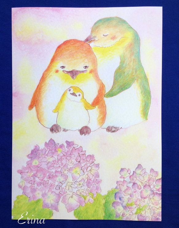ペンギンさんと紫陽花A4ポスター　 2枚目の画像