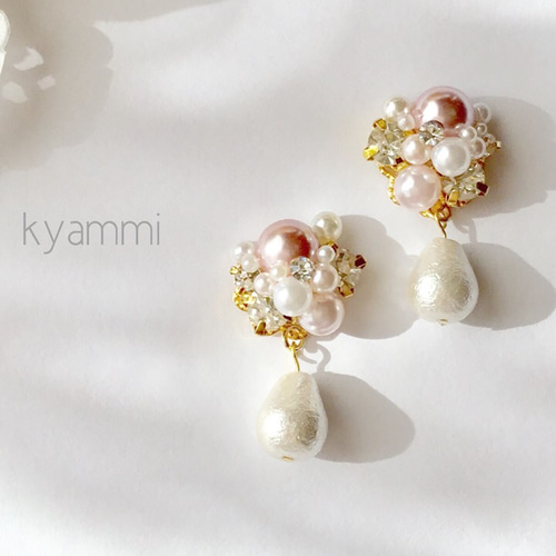 ビジューとパールのピアス・イヤリング〜ピンク〜 ピアス
