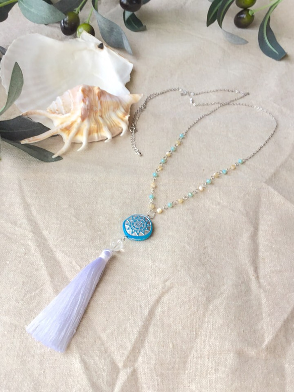 ethnic blue SUN &tassel long necklace 2枚目の画像