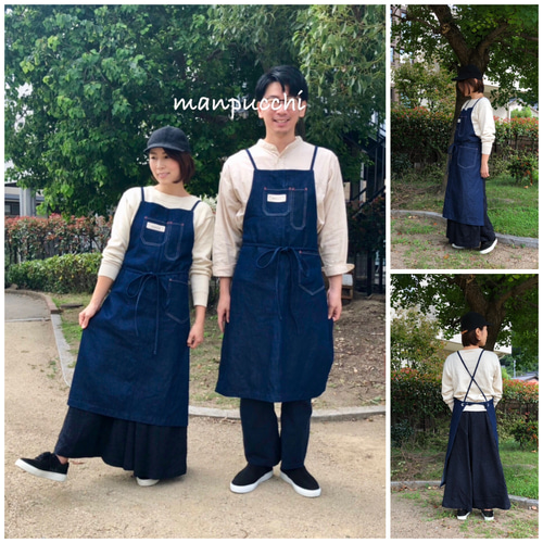 送込】無骨可愛い♪男女兼用 デニムのエプロン/カフェエプロン 送込】無骨可愛い♪男女兼用 デニムのエプロン/カフェエプロン