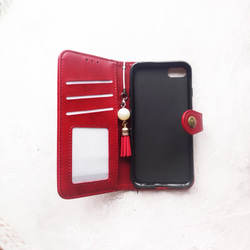 【iphone7/8/SE2】手帳型ケース ♥ アンティーク レザー調 シンプルデザイン タッセルストラップ付き 赤 2枚目の画像