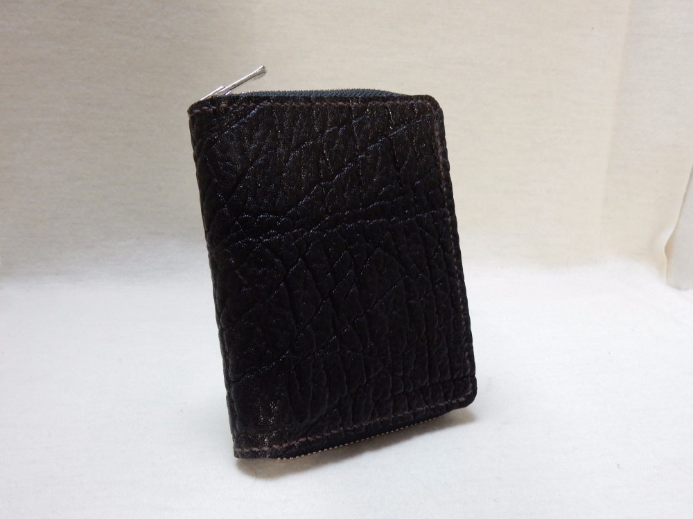 コンパクトラウンドファスナー財布　縦型　象革　ダークブラウン