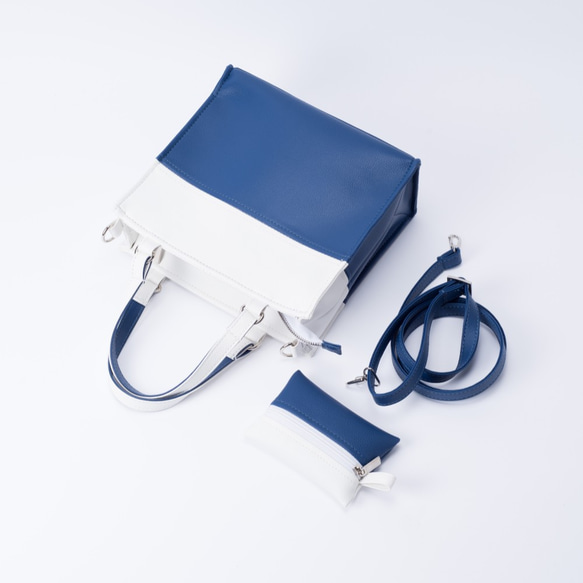 紙袋造型拼色包 手提肩背兩用 白X寶藍 第4張的照片