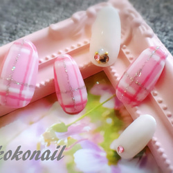 ピンク×チェック柄ネイル ネイルチップ（つけ爪） 【長期休業/再開未定