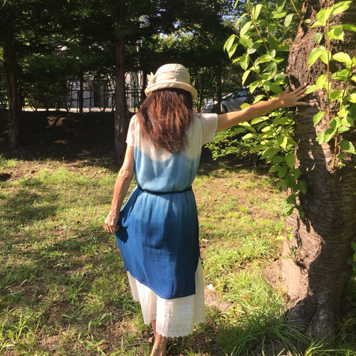 新品未使用　青系グラデーション 半袖Aラインワンピース　藍染　バルーンワンピース グラデーション＊藍染めワンピース - caravan SHANTI SHANTI