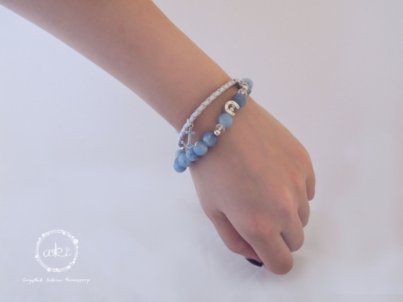 『感受之心』天然海藍寶、拉長石、白水晶＋925銀飾品＋真皮皮繩手鍊 -Aki's design 第5張的照片