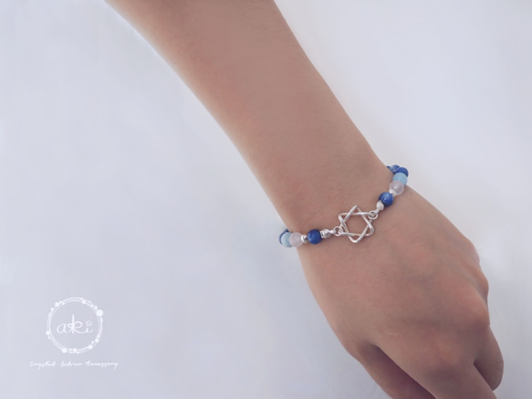 天然藍晶石+アクアマリン結晶925 +ピンク+シルバージュエリー日本の絹​​弾性コード-Akiのデザイン」六角形の心 &quot 4枚目の画像