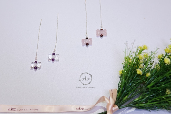 『記掛』蝴蝶結造型水晶＋垂吊飾銀鍊耳環 -Aki's design 第2張的照片