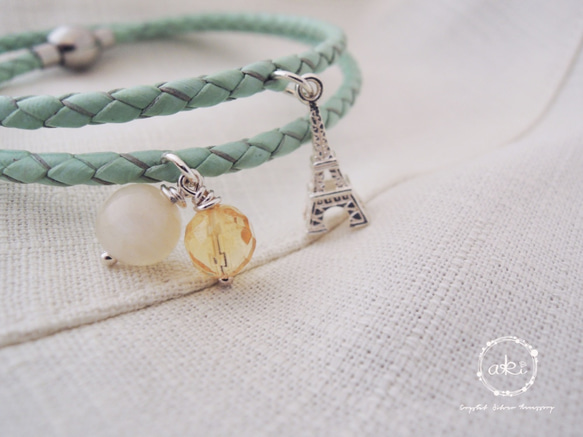 『小幸運-湖水綠』天然月光石、黃水晶、925銀飾品＋真皮皮繩手鍊 -Aki's design 第2張的照片