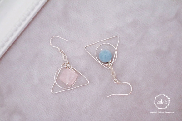 『方圓之間』海藍寶石、方形粉晶925銀耳環(可改夾式) -Aki's design 第1張的照片