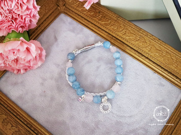 『你口中的平靜舒心』天然海藍寶石、粉水晶＋925銀飾品＋真皮皮繩手鍊 -Aki's design 第2張的照片