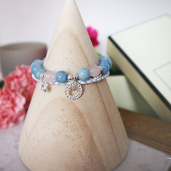 『你口中的平靜舒心』天然海藍寶石、粉水晶＋925銀飾品＋真皮皮繩手鍊 -Aki's design 第4張的照片