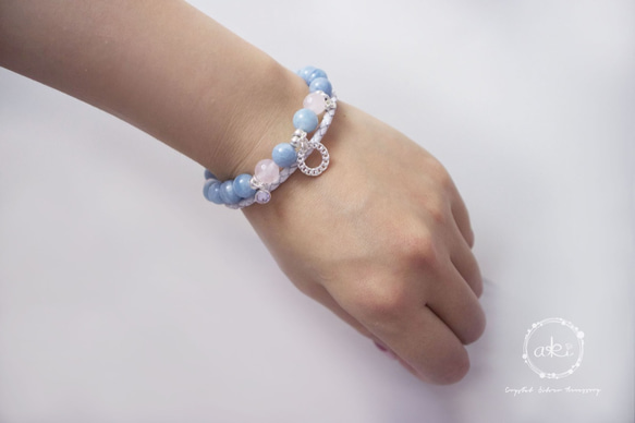 『你口中的平靜舒心』天然海藍寶石、粉水晶＋925銀飾品＋真皮皮繩手鍊 -Aki's design 第5張的照片