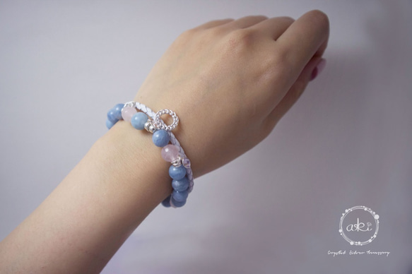 『你口中的平靜舒心』天然海藍寶石、粉水晶＋925銀飾品＋真皮皮繩手鍊 -Aki's design 第7張的照片