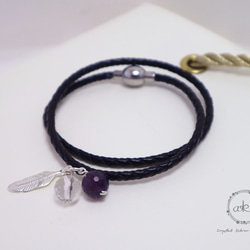 『小幸運-黑』天然紫水晶、白水晶、925銀飾品＋真皮皮繩手鍊 -Aki's design 第2張的照片